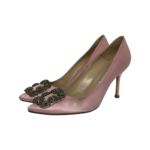 Manolo Blahnik Pink Satin Hangisi Crystal Embellished Pointed Toe Pumps Size 37