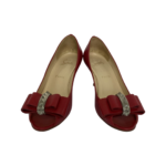 Christian Louboutin Red Leather Spiked Bow Embellished Peep Toe Pumps Size 37.5 - Image 2