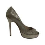 Jimmy Choo Silver Glitter Fabric Dahlia Platform Peep Toe Pumps Size 34 - Image 6