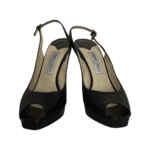Jimmy Choo Metallic Black Glitter Fabric Clue Peep Toe Platform Slingback Sandals Size 39.5 - Image 2