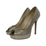Jimmy Choo Silver Glitter Fabric Dahlia Platform Peep Toe Pumps Size 34
