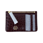 Tory Burch Burgundy Croc Embossed Leather Robinson Top Zip Card Holder