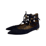Aquazzura Navy Blue Suede Christy Lace Up Pointed Toe Flats Size 37.5
