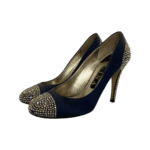 Gina Navy Blue Crystal Embellished Satin Round Toe Pumps Size 38