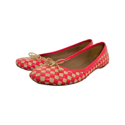 Tory Burch Neon Pink/Beige Prescot Woven Leather Ballet Flats Size 41.5