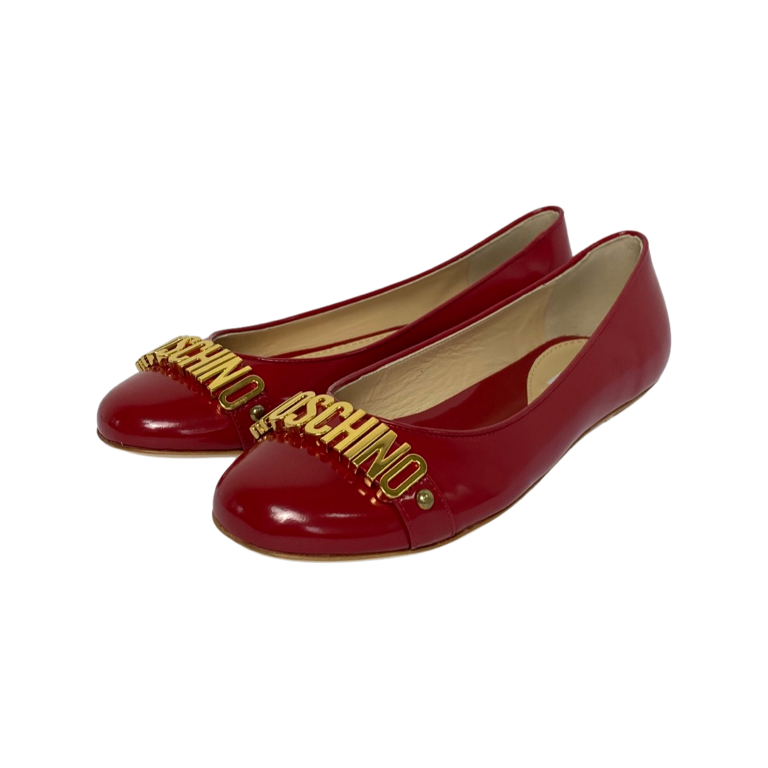 Moschino Red Leather Logo Embellished Ballet Flats Size 38