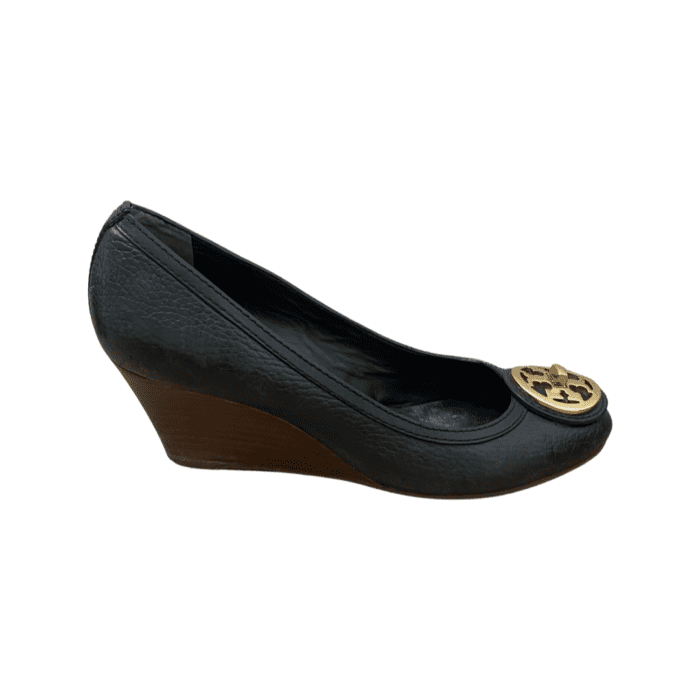 Tory Burch Black Leather Wedge Size 38 - Image 5