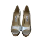 Jimmy Choo Silver Patent Leather Peep Toe Platform Pumps Size 39.5 - Image 9