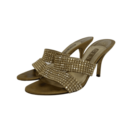 Gina Gold Leather Crystal Embellished Open Toe Mule Size 38.5