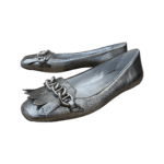 Prada Metallic Silver Leather Chain Embellished Square Toe Flats Size 39 - Image 2