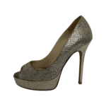 Jimmy Choo Silver Glitter Fabric Dahlia Platform Peep Toe Pumps Size 34 - Image 5