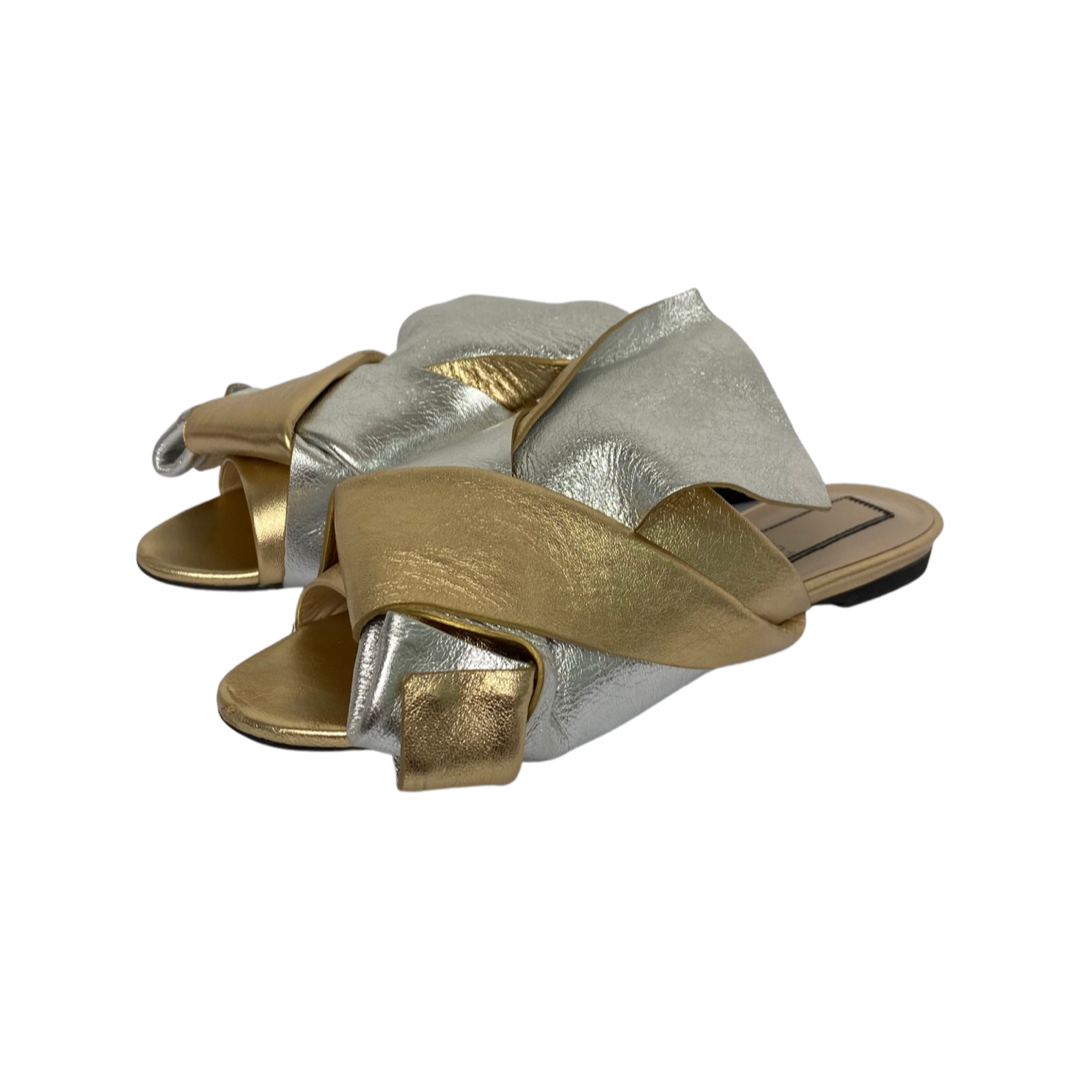 N21 Gold/Silver Leather Raso Knot Peep Toe Flat Mules Size 38.5