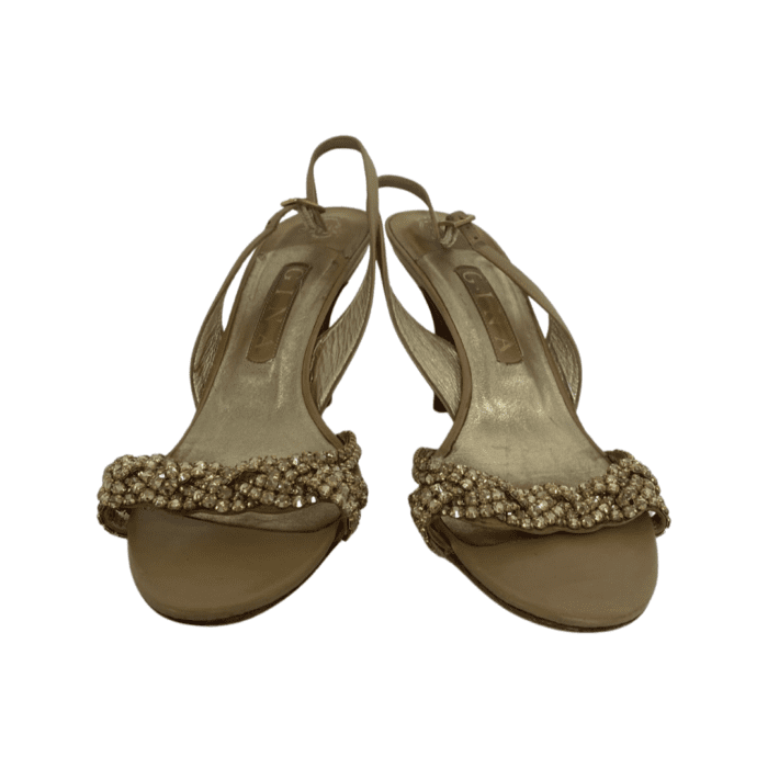 Gina Nude Leather Crystal Embellished Naomi Slingback Sandals Size 39 - Image 2