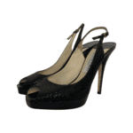 Jimmy Choo Metallic Black Glitter Fabric Clue Peep Toe Platform Slingback Sandals Size 39.5
