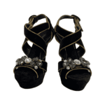 Dolce & Gabbana Black Velvet Metallic Gold Leather Trim Crystal Embellished Cross Strap Platform Sandals Size 38 - Image 2