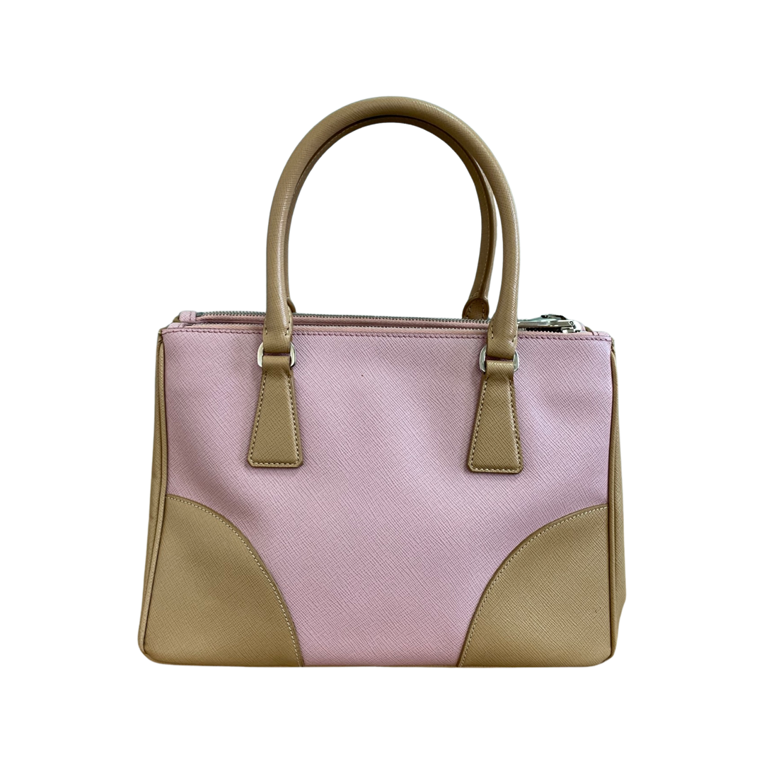 Prada Pink and Brown Saffiano Small Double Zip Tote - Image 2