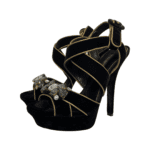Dolce & Gabbana Black Velvet Metallic Gold Leather Trim Crystal Embellished Cross Strap Platform Sandals Size 38
