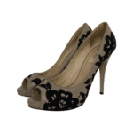 Valentino Beige/ Black Embroidered Leather Peep Toe Platform Pumps Size 39.5