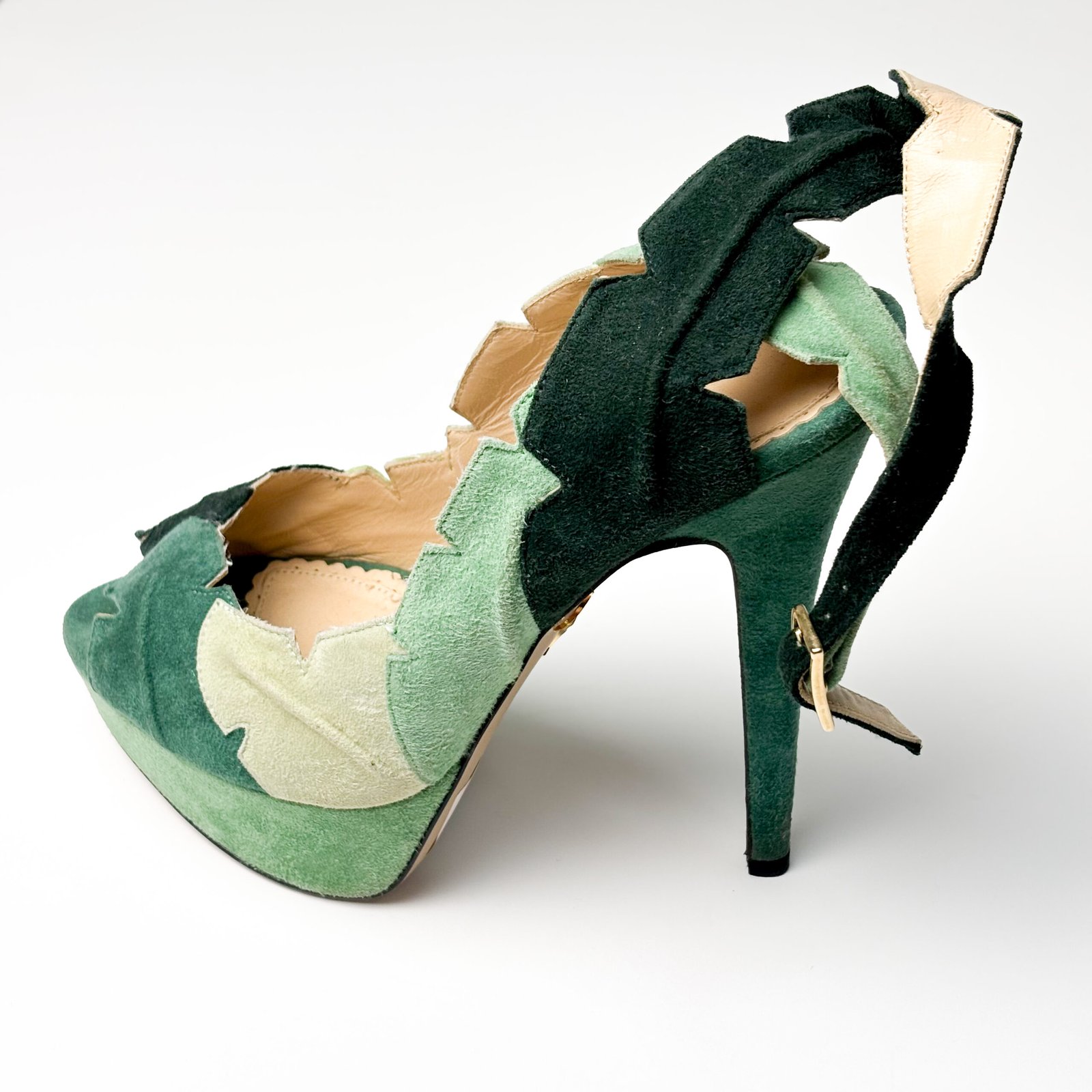 IMG_1265 Charlotte Olympia Green Suede Leaf Me Alone Ankle Strap Platform Sandals Size 38 - Image 1