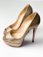 Christian Louboutin Gold Glitter Lady Peep Toe Platform Pumps Size 35 - Image 2