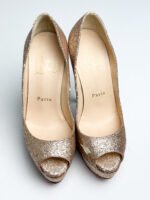 Christian Louboutin Gold Glitter Lady Peep Toe Platform Pumps Size 35 - Image 3
