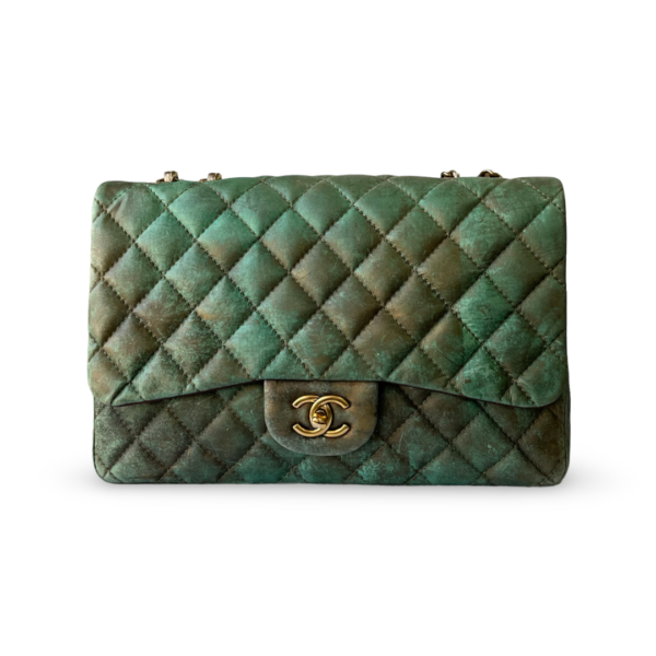 Chanel Green & Bronze Quilted Calfskin Half Flap Jumbo Bag