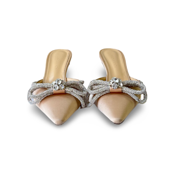 Mach & Mach Golden Beige Satin Double Bow Crystal Mules - Image 3