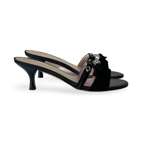 Stuart Weitzman Tasseled Black Patent Leather Slides - Image 5