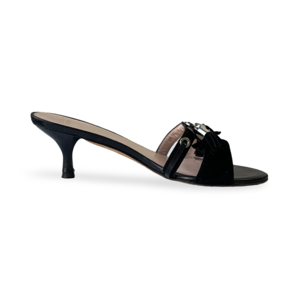 Stuart Weitzman Tasseled Black Patent Leather Slides - Image 7