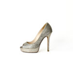 Jimmy Choo Silver Glitter Fabric Dahlia Platform Peep Toe Pumps Size 34 - Image 2