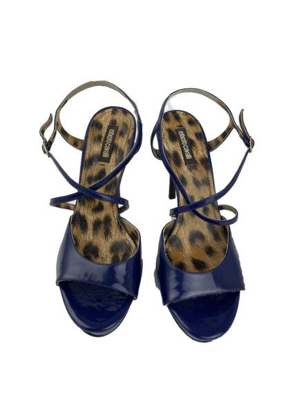 Roberto Cavalli Blue Patent Leather Peep Toe Sandals Size 38.5