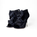 Giuseppe Zanotti Black Suede Ruffle Embellishment Lace-Up Open Toe Boots Size 37.5