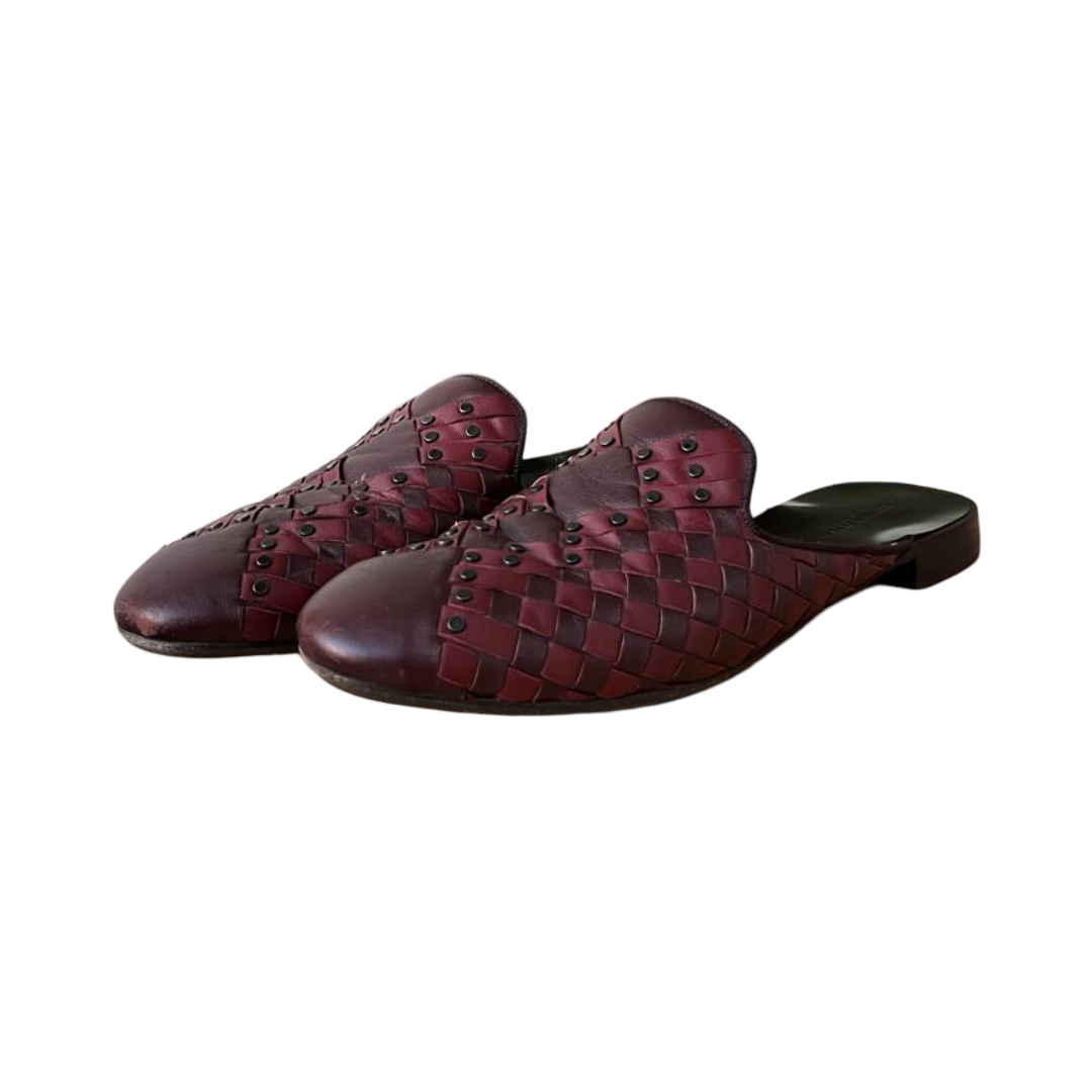 Bottega Veneta Burgundy Intrecciato Leather Fiandra Flat Mules Size 37