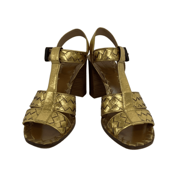 Bottega Veneta Gold Intrecciato Leather T Strap Sandals Size 37 - Image 3