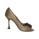 Manolo Blahnik Beige Satin Matik Peep Toe Pumps Size 37.5 - Image 6