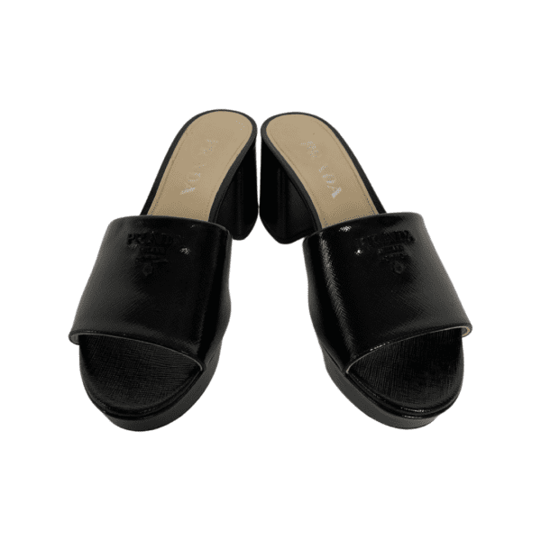 Prada Black Patent Platform Block Heel Mules Size 37 - Image 3
