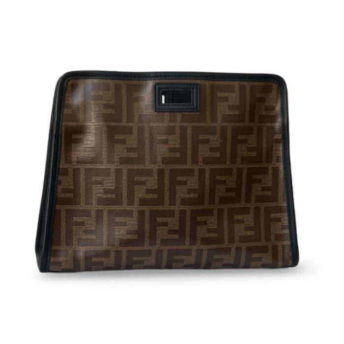 Fendi Glazed Fabric Vitello Century FF 1974 Stamp Patch Mini Peekaboo Defender Cover Mogano Panna Black - Image 5