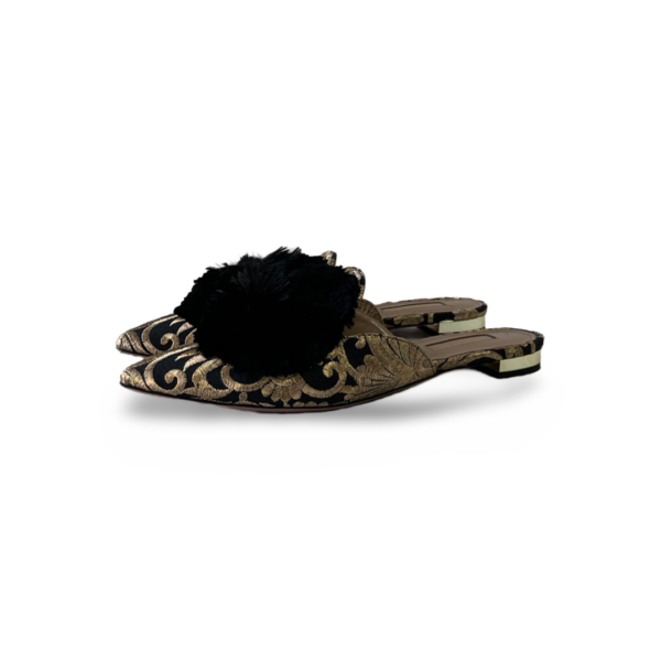 Aquazzura Black Brocade Fabric Powder Puff Pompom Flat Mules - Image 3