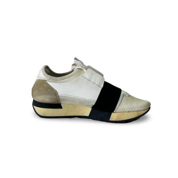 Balenciaga Off White Leather and Mesh Race Runner Sneakers - Image 4