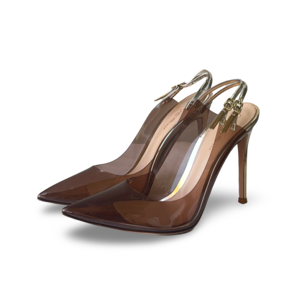 Gianvito Rossi Brown/Gold PVC and Patent Leather Kyle Pointed Toe Slingback Pumps