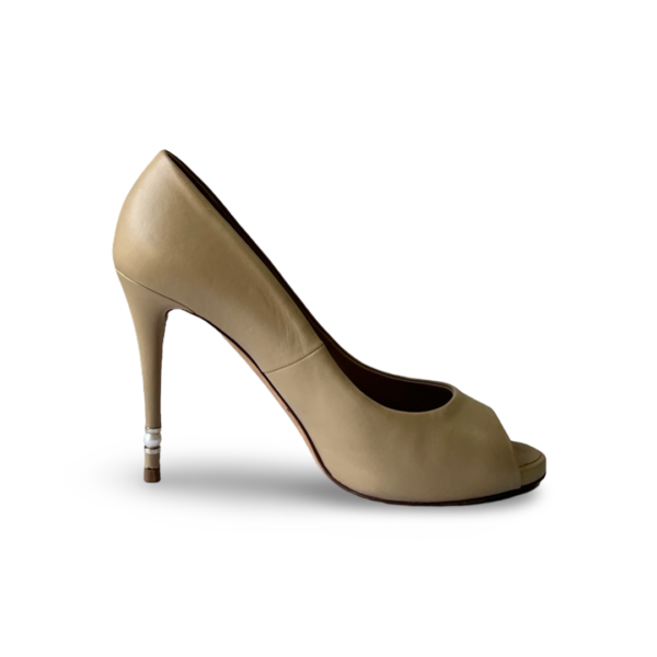 Chanel Beige Leather CC Open Toe Pearl Heel Pumps - Image 5