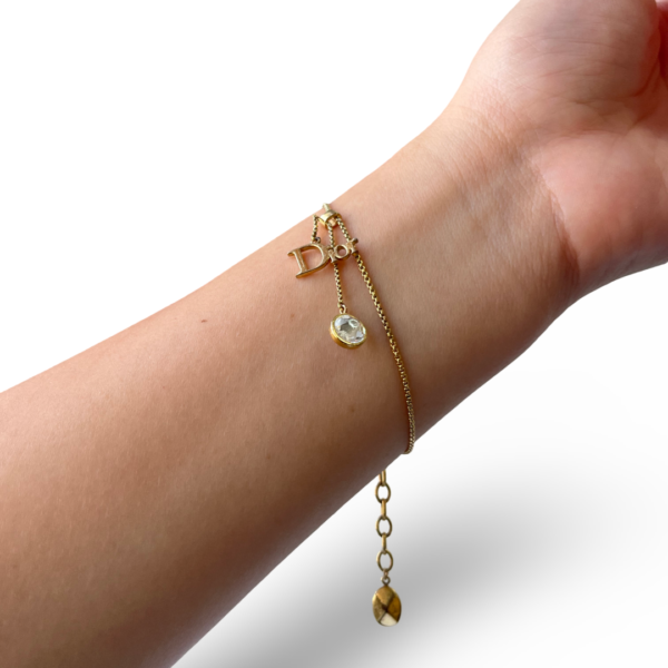 Dior Gold Tone Logo & Crystal Charm Bracelet - Image 2