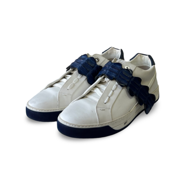 Fendi White/Blue Leather and Croc Strap Low-Top Sneakers