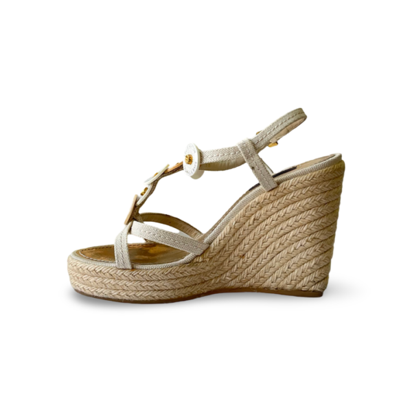 Louis Vuitton Beige Canvas Medallion Leather Detail Espadrille Wedge (Size 37) - Image 4