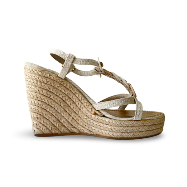 Louis Vuitton Beige Canvas Medallion Leather Detail Espadrille Wedge (Size 37) - Image 5