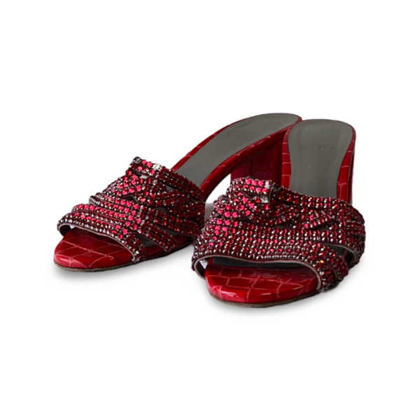 Gina Red Croc Embossed patent leather rodeo crystal embellished block heel Slides Size 38 - Image 2