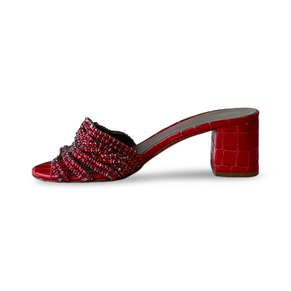 Gina Red Croc Embossed patent leather rodeo crystal embellished block heel Slides Size 38 - Image 3