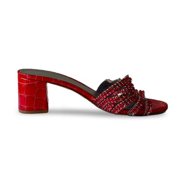 Gina Red Croc Embossed patent leather rodeo crystal embellished block heel Slides Size 38 - Image 4