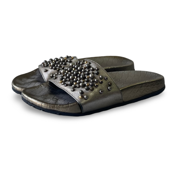 Bottega Veneta Dark-Green Embellished Leather Slides