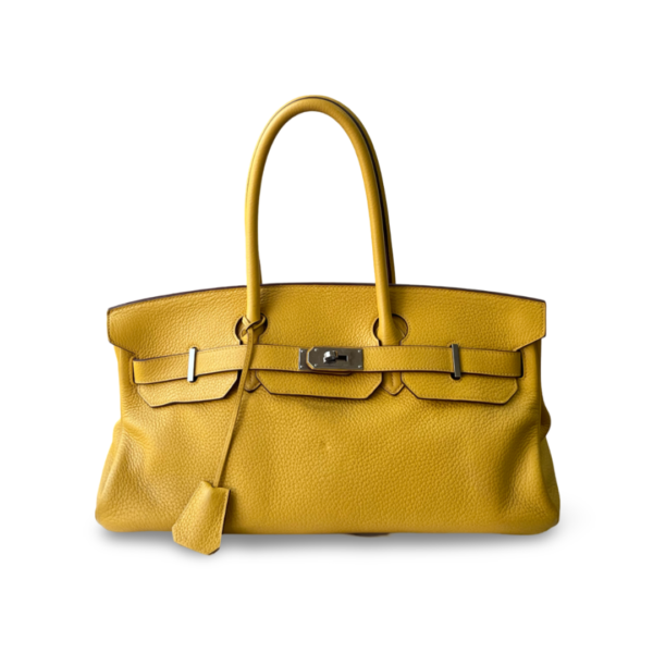 HERMÈS Shoulder Birkin Handbag in Soleil Clemence Leather with Palladium Hardware